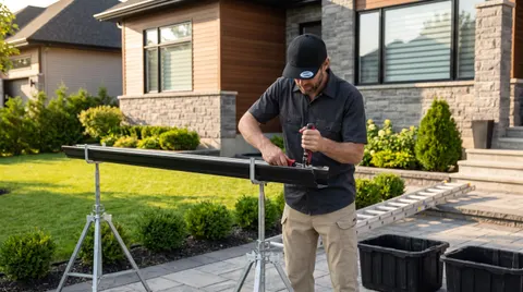 Installateur fixant une gouttière anthracite sous un toit résidentiel